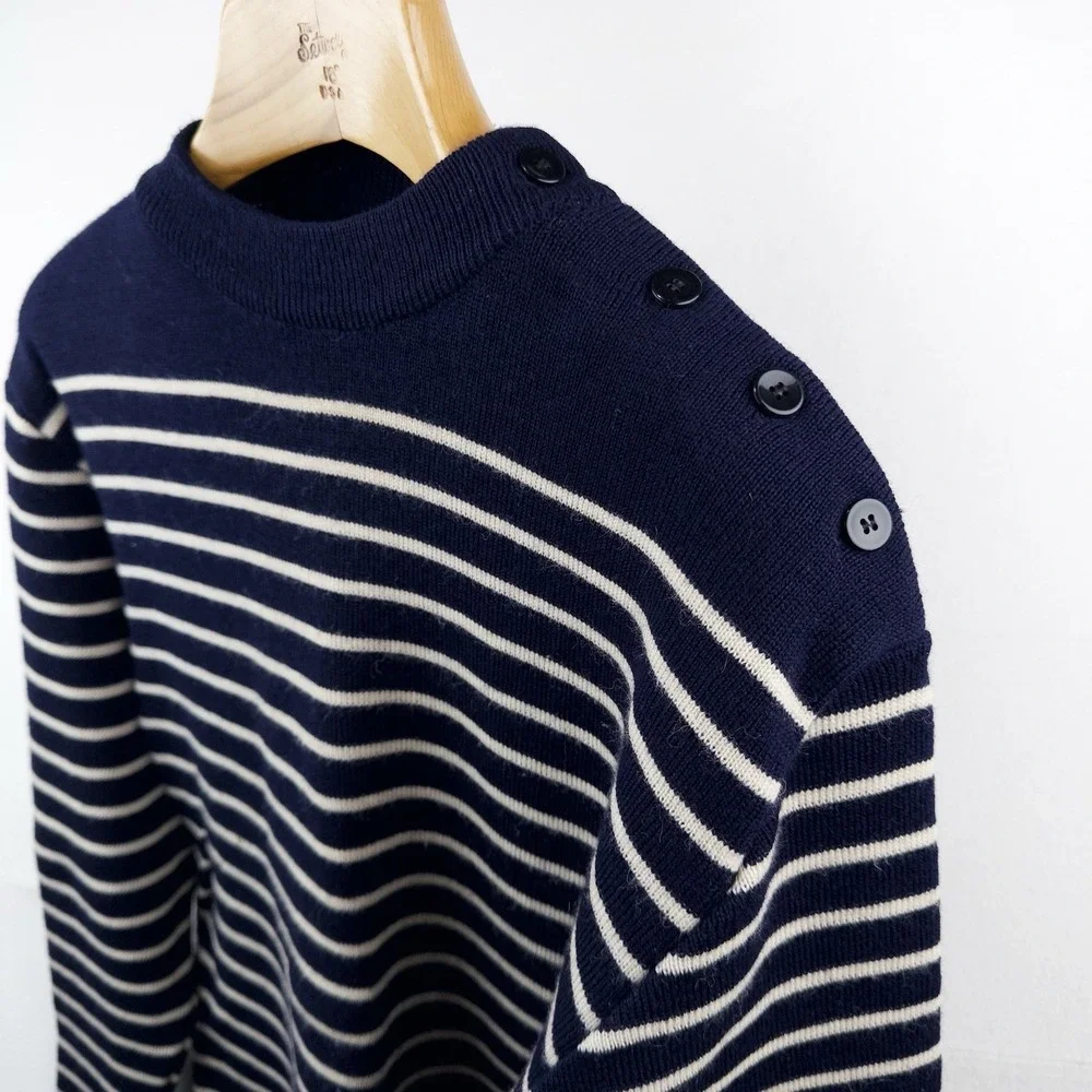 70's Saint James Wool Sweater Bretone Stripe Button Shoulder Made France Blue M